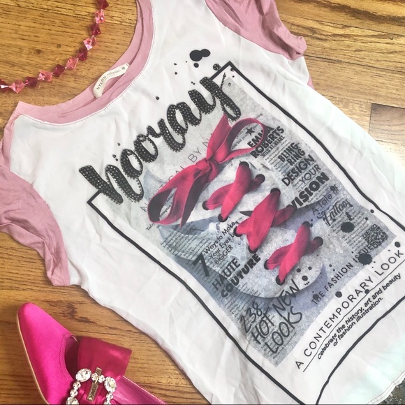 NYLON APPAREL Pink Hooray crystal scoop hem top. - Picture 2 of 5